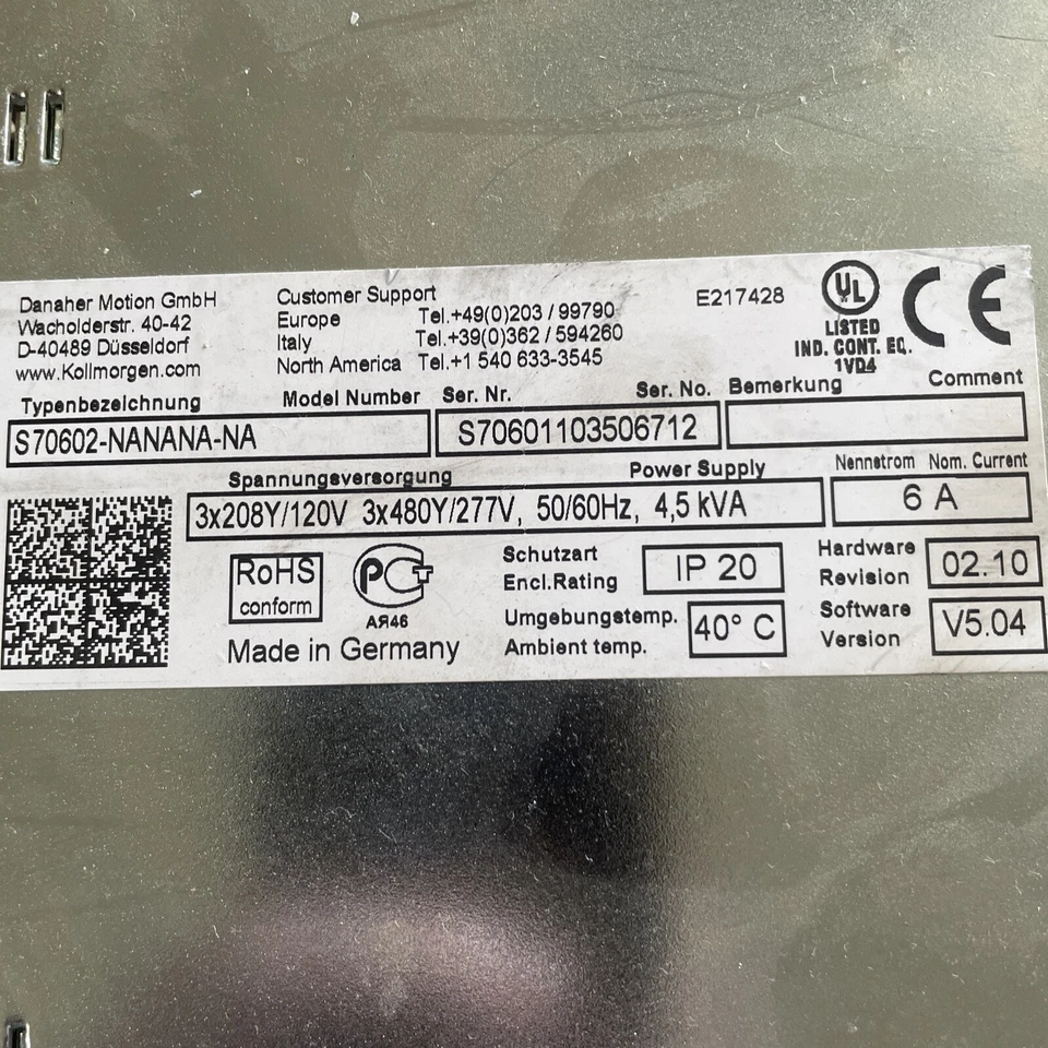 Kollmorgen S700 Servo Controller S70602-NANANA-NA Hw 02.10 Sw 5.04 Drive 6A O. - Image 1 of 1