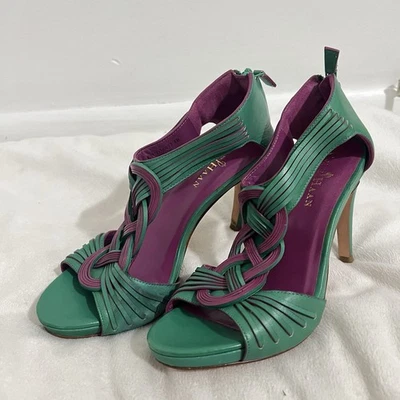 Sandalia Cole Haan Vivian Air Tacón Alto Talla 6 B Verde Púrpura Trenzada Fiesta Artística Foto 1 de 4
