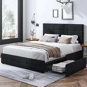 Modern Upholstered Bed Frame with 4 Storage Drawers, Platform Bed with - Picture 1 of 7