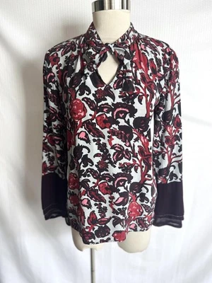 Blusa DONNA KARAN Nueva York Talla S Seda Negra Roja Floral Puño Transparente S Foto 1 de 4