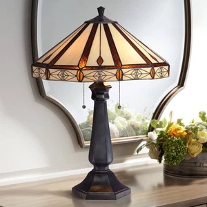 Tiffany Style Table Lamp Art Deco Bronze Octagonal Glass for Living Room Bedroom - Picture 1 of 6