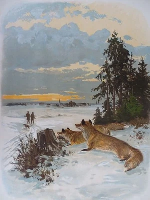 Schluss der Jagdsaison - Chromolithographie ML Tierdarstellungen Jagdszenen 1882 - Bild 1 von 4