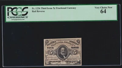 US 5c Fractional Currency Note Red Back 3rd Issue FR 1236 PCGS 64 V Ch CU - Image 1 of 2
