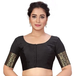 Indian Women's readymade Black Art Silk Golden Kanjivaram Border Choli Size 34 - Picture 1 of 3