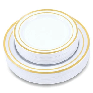 64 Heavy Duty Plastic Plates, White with Gold Trim, 7.5"/10.25" Holiday/Party - Picture 1 of 7