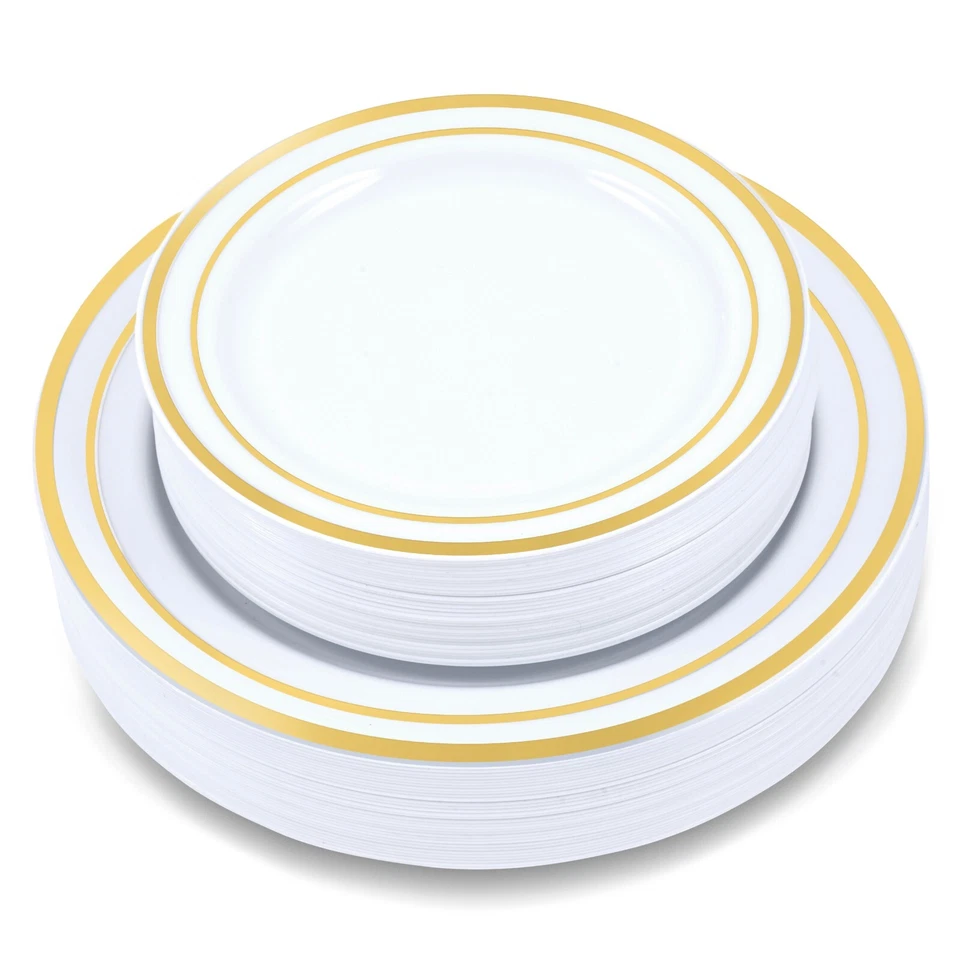 64 placas de plástico de alta resistencia, blancas con adornos dorados, 7,5"/10,25" vacaciones/fiesta Foto 1 de 1
