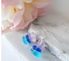 Multicolor Pebble Shaped Frosted Sea Glass Silver Ladies Dangle Earrings