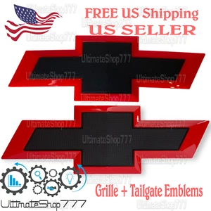 2pcs Chevrolet Grille and Tailgate Emblem Black Red Logo 16-19 Silverado 1500 - Picture 1 of 2