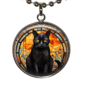 Black Cat Gift Necklace 24" Chain Waterproof Resin Faux Stained Glass Art Print - Picture 1 of 4