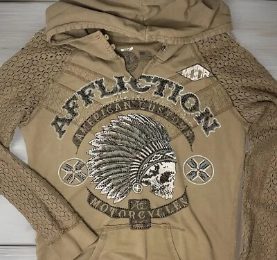 Sudadera con Capucha Affliction Y2K Indian Chief Calavera Embellecida Tejida Mujeres Talla M Foto 1 de 4