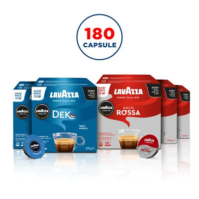 Caffè Lavazza A Modo Mio Mix Assaggio Qualità Rossa e Dek Cremoso, 180 Capsule