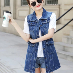 Neues Design Frau Mädchen ärmellos zerrissene Markierungen lässig Jeans Denim schmale lange Weste - Bild 1 von 7