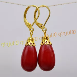Fine 10x18mm Coral Red Shell Pearl Drop Dangle 18K GP Leverback Earrings AA - Picture 1 of 5