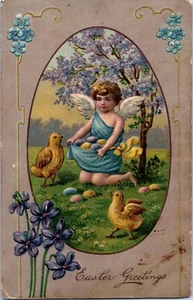 Cartolina pasquale vintage angelo cherubino bambino pulcini in rilievo - Foto 1 di 2