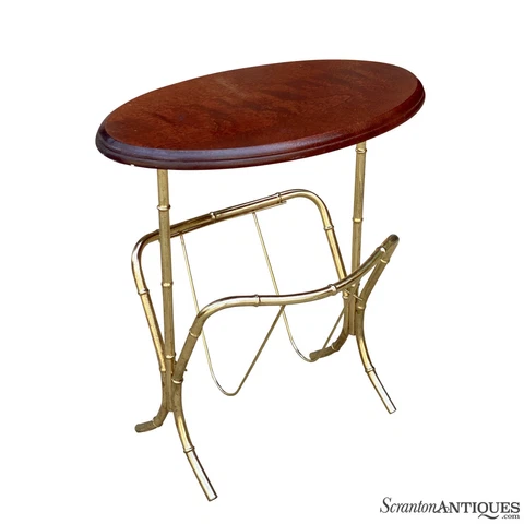 Vintage Hollywood Regency Boho Brass Rattan Magazine Rack Side Table Cover