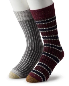 Gold Toe Lodge Collection 2 Pair Rugby Stripe Crew Socks Burgundy Gray Sz 6-12.5 - Picture 1 of 6