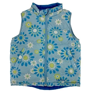 LL Bean Girl’s Goose Down Reversible Puffer Vest Large 6X/7 Blue Floral & Solid - Picture 1 of 12