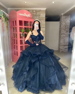 Marine Quinceanera Kleider Rüschen Glitzer süß 16 Abschlussball Party Vestido Ballkleid - Bild 1 von 9