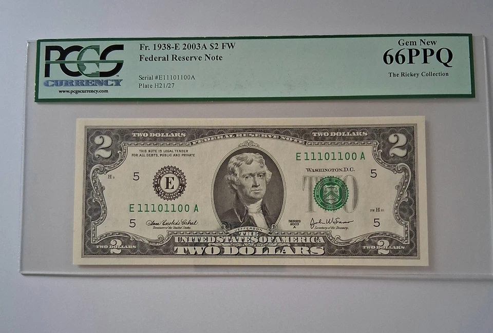 TRUE BINARY 0's and 1's $2 Two Dollars Note Number #E 11101100 A PCGS 66 PPQ - Image 1 of 4