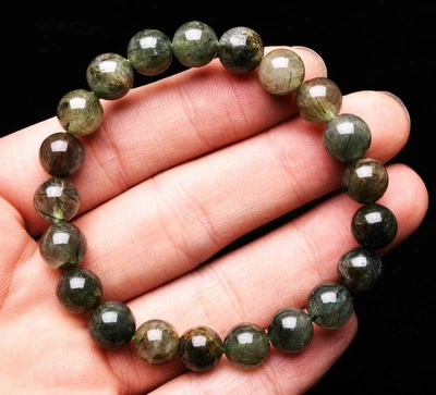 Brazalete de cuentas redondas de piedras preciosas de cristal rutilado cabello verde natural de 9 mm AAA Foto 1 de 4