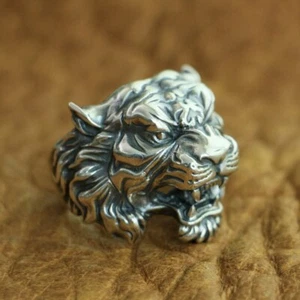 Anillo de plata esterlina 925 con altos detalles de tigre para hombre anillo punk de motociclista TA130A US 11 - Imagen 1 de 12