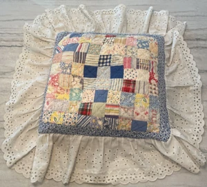 Handmade SCRAPPY PATCHWORK Pillow QUILT Filled Mini Squares Eyelet Blue White - Picture 1 of 9