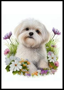 MALTESE CHARMING PUPPY DOG AND FLOWERS GREETINGS NOTE CARD - Picture 1 of 1