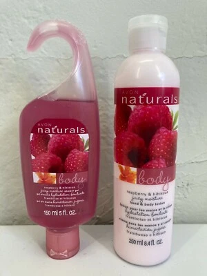 New Avon Naturals Raspberry & Hibiscus Body Hand Lotion Shower Gel Body Wash Set - Image 1 of 2