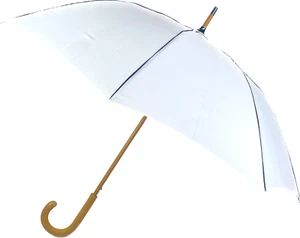 Ladies White Canopy Contract Black Binding Natural Wood Curved Handle - Bild 1 von 4
