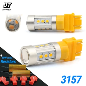 2X 3157 Amber Yellow Front Turn Signal Light LED Bulbs 50W Load Resistors - Foto 1 di 11