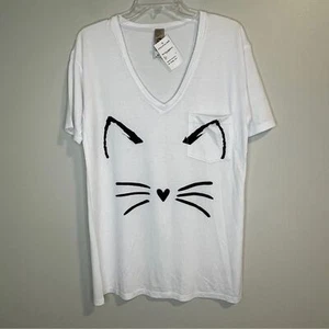 MAGLIETTA BOYFRIEND KITTY FACE GRAFICA COLLO A V PROFONDO IN TINTA BIANCA 1 - Foto 1 di 5