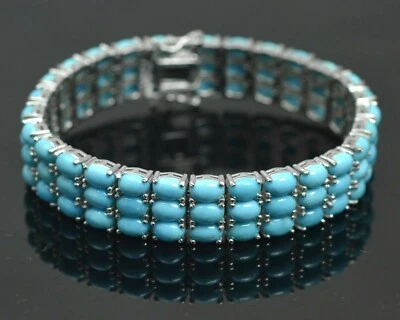 Natural Blue Turquoise Bracelet 925 Sterling Silver Two Line Tennis Jewelry - Image 1 of 4
