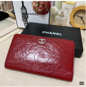 CHANEL Authentic Red Camellia Leather Folding Long Wallet