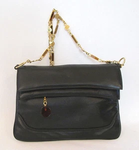 RARE VINTAGE INDUSTRIA ARGENTINA BLACK LEATHER HANDBAG SHOULDER BAG LUCITE PULL - Picture 1 of 12