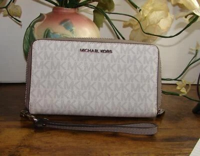 Cartera Michael Kors Gris Blanco Cuero Saffiano Teléfono Tecnología Cremallera Alrededor Nueva Sin Etiquetas Regalo Foto 1 de 3