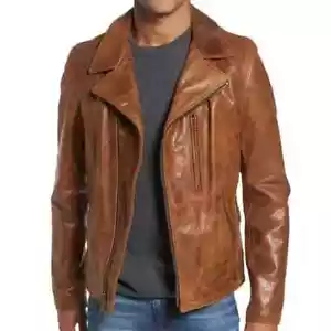 Men's Leather Jacket Brando Jacket Brown Genuine Lambskin Biker Cafe Racer Coat - Picture 1 of 4