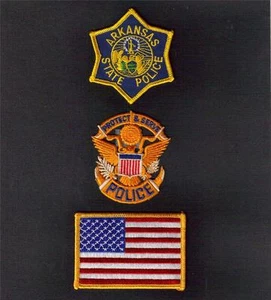 JUEGO DE PARCHES DE HIERRO DE LA POLICÍA DEL ESTADO DE ARKANSAS proteger y servir bandera de estados unidos coser hierro en parche 3 piezas nuevo - Imagen 1 de 1