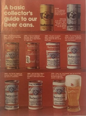 Publicidad impresa de cerveza Budweiser 1976 latas históricas guía básica de coleccionista de colección años 70 Bud Foto 1 de 4