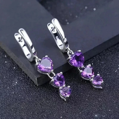 2Ct Heart Cut Lab-Created Amethyst Drop-Dangle Earrings 14K White Gold Plated - Image 1 of 3