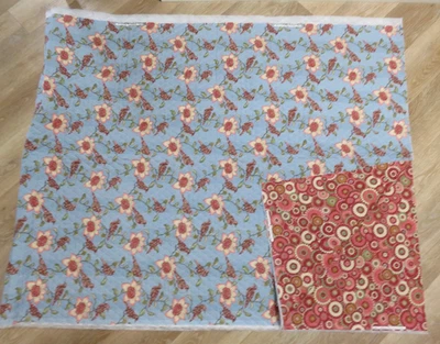 FABRIC TRADITIONS QUILTED DOUBLE SIDDED FABRIC LIGHT BLUE FLROAL AND RED 3 YARDS - Image 1 of 4