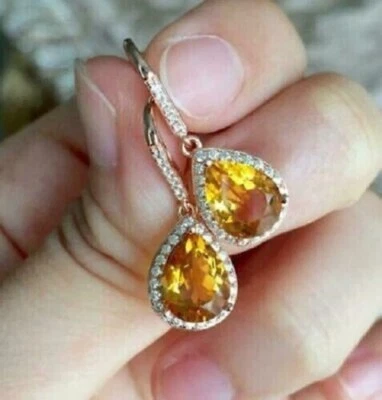 4Ct Pear Simulated Yellow Citrine Halo Drop Dangle Earrings 14k Rose Gold Plated - Image 1 of 4