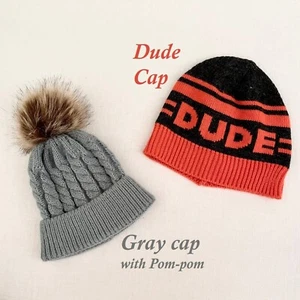DUDE Knit Ski cap beanie, Gray, orange, size S-M (4-7) or Gray hat with Pom, S - Picture 1 of 10