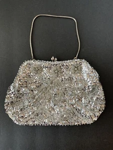 Vintage Silver Bead and Sequin Handbag  Chain Handle Cocktail Party Prom Club - Picture 1 of 12