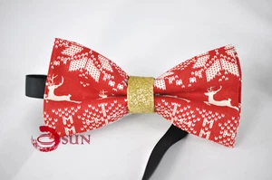 Men Women 100% Cotton Xmas Christmas Elk Deer Red Bow Tie Bowtie Party Wedding - Picture 1 of 5