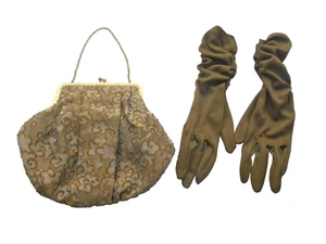 Fabulous Vintage Olive Brocade Evening Bag & Ruched Gloves by Lewis's Size 6.5 - Picture 1 of 10