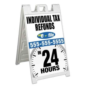 CUSTOMIZABLE TAX REFUNDS Signicade 24x36 Aframe Sidewalk Sign Banner Decal - Picture 1 of 9
