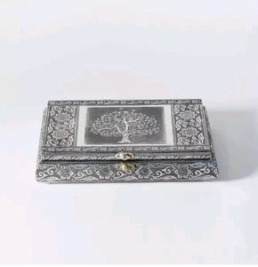 Antique Jewellery Box Trinkets Silver Aluminium Tree Of Life Velvet Lining - Picture 1 of 2