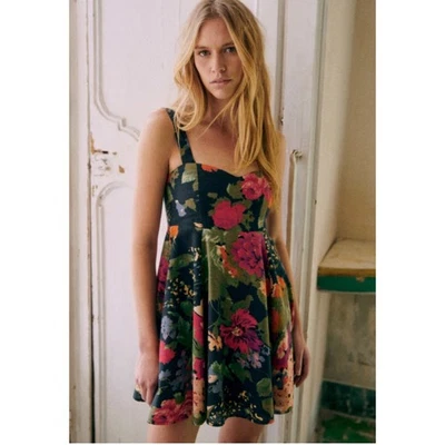 SEZANE Salie Navy Floral Print Square Neck Fit Flare Dress Women's Sz 14 French - Image 1 of 4