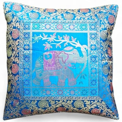 Handcrafted Brocade Silk Cushion Cover Elephant Design Blue 16*16" - Image 1 of 4