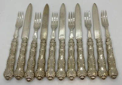 Juego de 11 tenedores de cuchillo de pescado de fruta hoja de acero inoxidable con mango de ley Birks Pompadour Foto 1 de 4